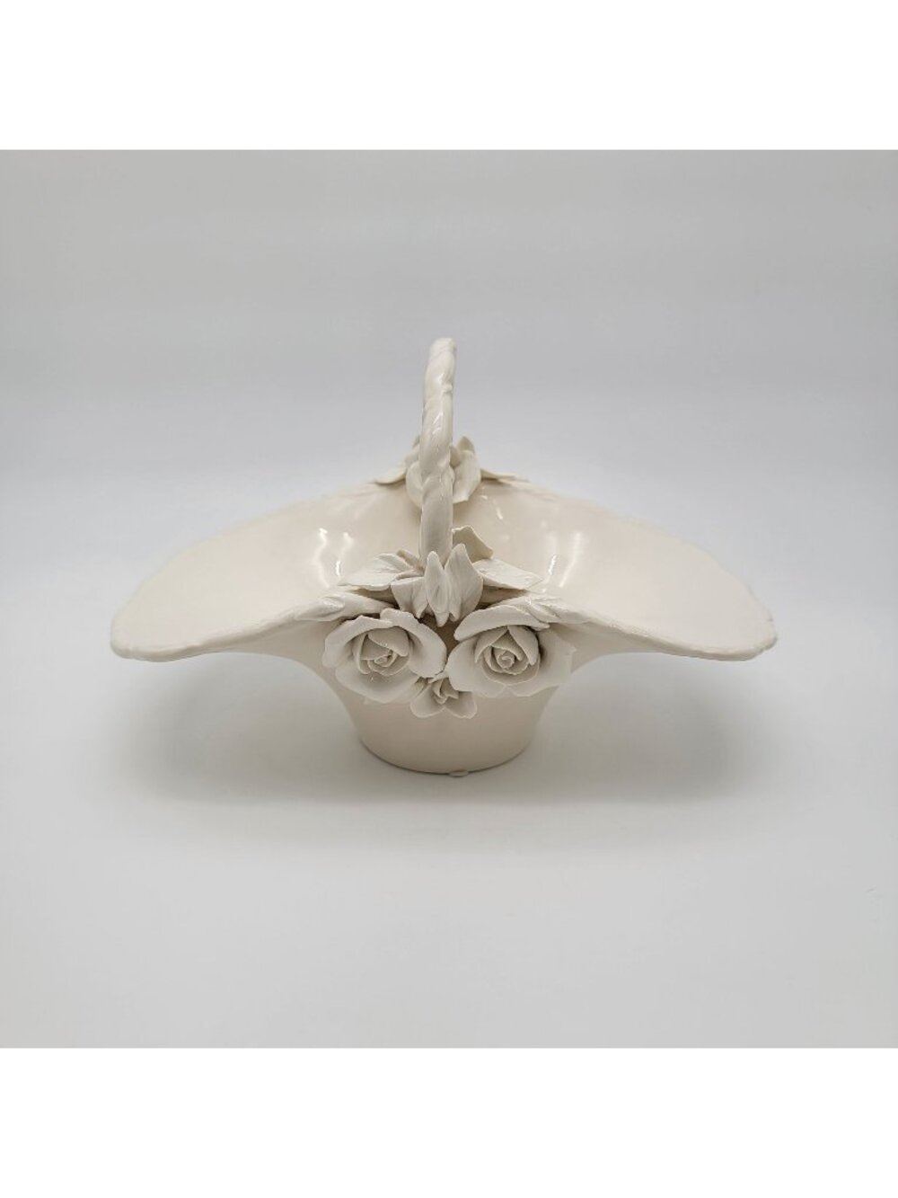 Large White Pottery Basket With Sculpted Roses